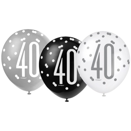 Balóny 40. narodeniny, biely, šedý, čierny, 30cm, 6ks