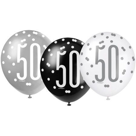 Balóny 50. narodeniny, biely, šedý, čierny, 30cm, 6ks