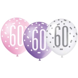 Balóny 60. narodeniny, biely, ružový, fialový, 30cm, 6ks