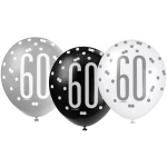 Balóny 60. narodeniny, biely, šedý, čierny, 30cm, 6ks
