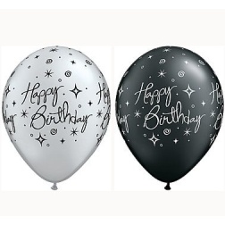 Balóny Happy Birthday, mix čierne a strieborné, 30cm, 1ks