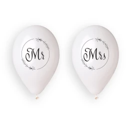 Balóny na svadbu s potlačou Mr a Mrs, biele, 33cm, 4ks