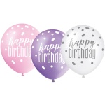 Balóny s nápisom Happy Birthday, ružový, fialový, biely, 30cm, 6ks