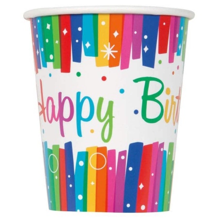 Papierové poháre Happy Birthday dúhové, 8ks