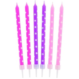 Sviečky na tortu bodkované, ružové a fialové, 10cm, 24ks