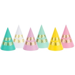 Papierové klobúčiky farebné so zlatým nápisom Happy Birthday, 16cm, 6ks