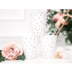 Papierové poháre biele z ružovo zlatými bodkami, 260ml, 6ks