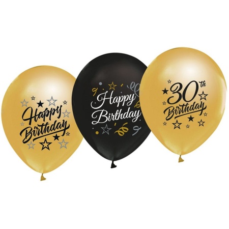 Balóny 30. narodeniny zlaté a čierne, 30cm, 5ks