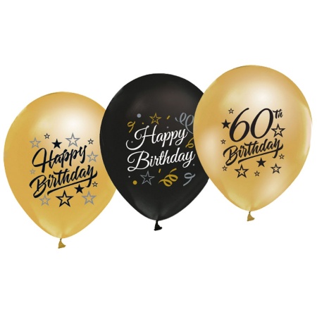 Balóny 60. narodeniny zlaté a čierne, 30cm, 5ks