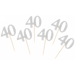 Napichovadlo 40. narodeniny strieborné s trblietkami, 6ks Napichovadlo 40. narodeniny strieborné s trblietkami, 6ks