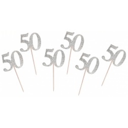 Napichovadlo 50. narodeniny strieborné s trblietkami, 6ks Napichovadlo 50. narodeniny strieborné s trblietkami, 6ks