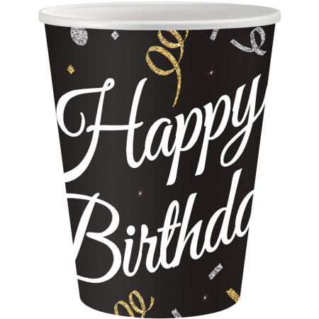Papierové poháre Happy Birthday, čierne, 6ks