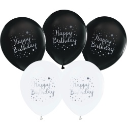 Balónový set s nápisom Happy Birthday, biele a čierne, 30cm, 5ks