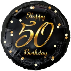 Fóliový balón 50 Happy Birthday čierno zlatý, 45cm