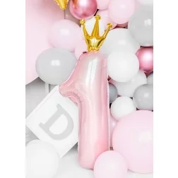 Fóliový balón číslo 1 s korunkou, bledo ružový, 100cm
