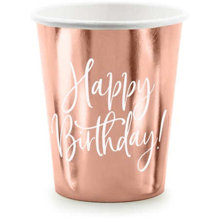 Papierové poháre s nápisom Happy Birthday, ružovo zlaté, 260ml, 6ks