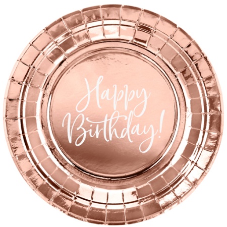 Papierové taniere s nápisom Happy Birthday, ružovo zlaté, 18cm, 6ks