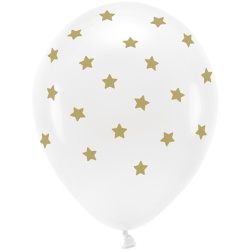 Balóny biele so zlatými hviezdičkami EKO, 33cm, 6ks