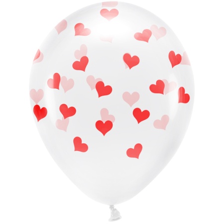 Balóny priesvitné s červenými srdiečkami EKO, 33cm, 6ks