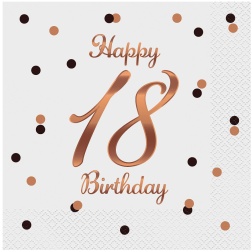 Servítky 18. narodeniny Happy Birthday, bielo ružovozlaté, 33x33cm, 20ks