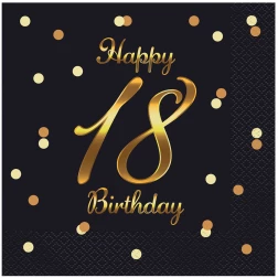 Servítky 18. narodeniny Happy Birthday, čierno zlaté, 33x33cm, 20ks