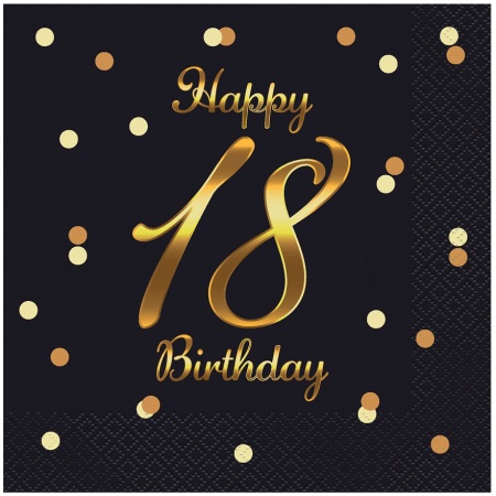 Servítky 18. narodeniny Happy Birthday, čierno zlaté, 33x33cm, 20ks