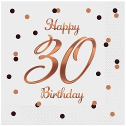 Servítky 30. narodeniny Happy Birthday, bielo ružovozlaté, 33x33cm, 20ks