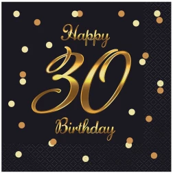 Servítky 30. narodeniny Happy Birthday, čierno zlaté, 33x33cm, 20ks