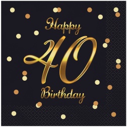 Servítky 40. narodeniny Happy Birthday, čierno zlaté, 33x33cm, 20ks