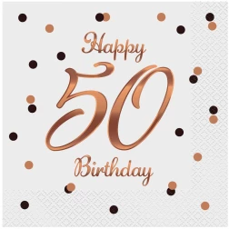 Servítky 50. narodeniny Happy Birthday, bielo ružovozlaté, 33x33cm, 20ks
