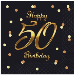 Servítky 50. narodeniny Happy Birthday, čierno zlaté, 33x33cm, 20ks