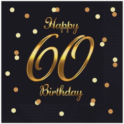 Servítky 60. narodeniny Happy Birthday, čierno zlaté, 33x33cm, 20ks