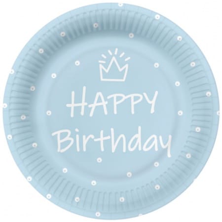 Papierové taniere Happy Birthday modré s korunkou, 23cm, 10ks