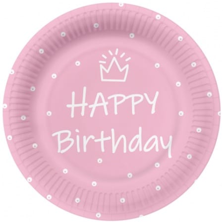 Papierové taniere Happy Birthday ružové s korunkou, 23cm, 10ks