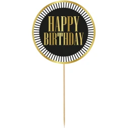 Zápich na tortu Happy Birthday čierny s pásikmi, 10cm