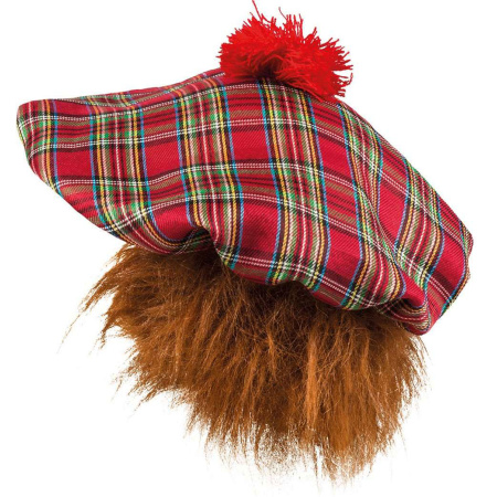 Červená škótska baretka s ryšavými vlasmi
