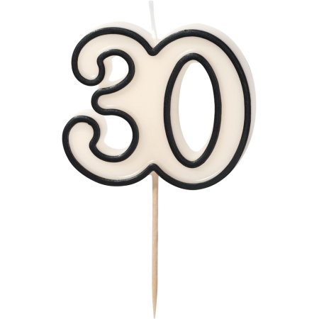 Sviečka číslo 30, biela s čiernym okrajom, 5,5 cm