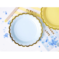 Papierové taniere bledomodré so zlatým okrajom, 18 cm, 6 ks
