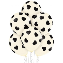 Balón s čiernými srdiečkami, krémový, 30cm, 6ks
